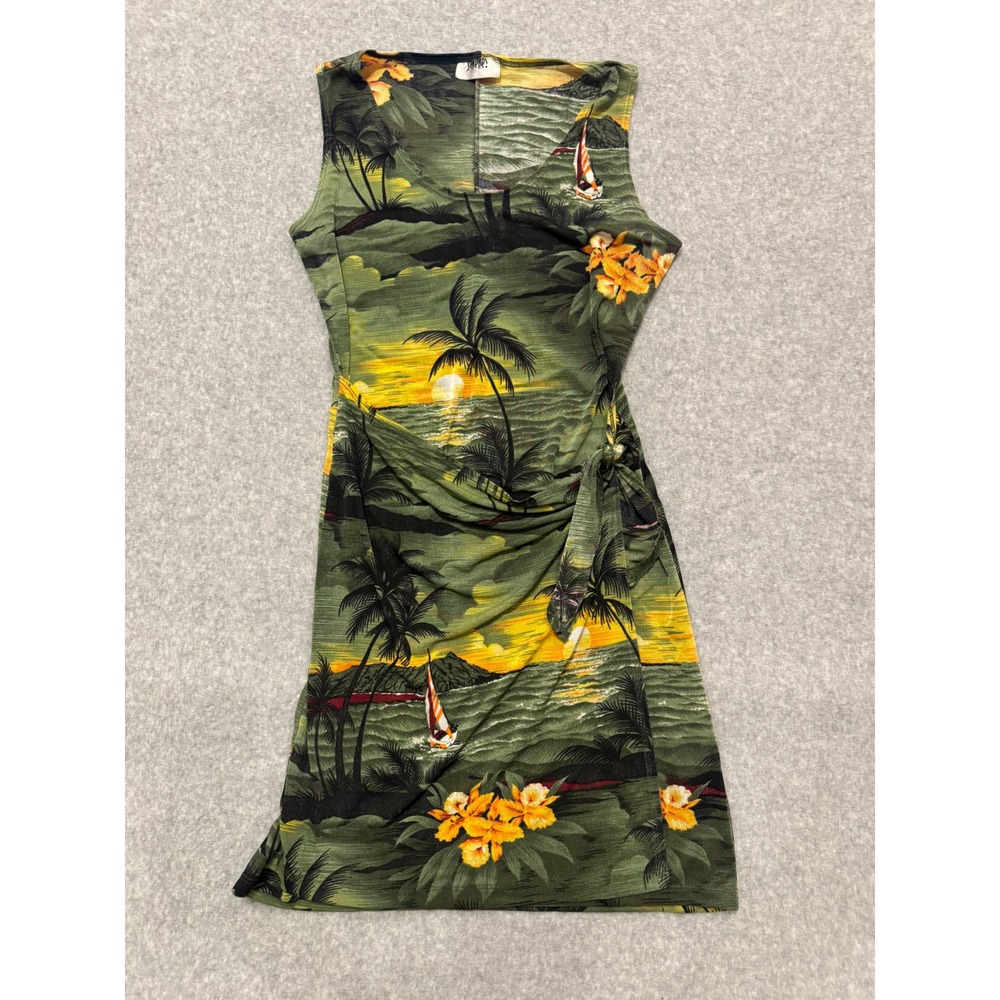 Vintage Y2K Tropical Sunset Palm Tree Faux Wrap Sleeveless Mini Dress Green S